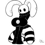 1:1 2021 animate_inanimate anthro black_and_white black_clothing black_eyes black_sweater black_topwear blush blush_lines button_(fastener) clothing dated digital_media_(artwork) empty_eyes female genitals lagomorph legwear leporid living_plushie mammal mewt_(elly_zupko) monochrome mouthless mrdoccon pattern_clothing pattern_legwear pattern_thigh_highs plushie pussy rabbit signature simple_background solo striped_clothing striped_legwear striped_thigh_highs stripes sweater thigh_highs topwear white_background