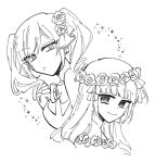  2girls blunt_bangs bow bowtie breasts character_request closed_mouth dot_nose earrings expressionless flower hair_bow hair_ribbon hand_up head_wreath highres jewelry jitome large_breasts looking_at_viewer looking_to_the_side monochrome multiple_girls oniko_(oni06) ribbon rouge_(witch&#039;s_heart) simple_background smile sparkle twintails upper_body white_background witch&#039;s_heart 