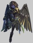  1boy arm_on_knee belt black_wings boots brown_hair cape commentary commentary_request evil_smile feathered_wings fingerless_gloves full_body gloves glowing glowing_eyes granblue_fantasy green_cape grey_background hair_between_eyes hand_on_own_arm high_heel_boots high_heels hood hood_up knee_up looking_at_viewer male_focus messy_hair red_eyes sandalphon_(granblue_fantasy) shaded_face short_hair sitting smile solo tki wings 
