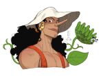  1boy aged_up black_hair cropped_torso dark-skinned_male dark_skin facial_hair florakinesis goatee_stubble hat headphones long_hair long_nose male_focus one_piece pectorals plant solo stubble sun_hat suspenders tench usopp 