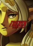  1girl absurdres box_art character_name close-up closed_mouth colored_skin cover deebyfeeby elf english_commentary eyelashes fake_box_art fake_cover frieren grey_hair highres kazuma_kaneko_(style) parody pointy_ears shin_megami_tensei shin_megami_tensei_iii:_nocturne solo sousou_no_frieren style_parody upper_body video_game_cover yellow_skin 