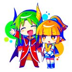  1boy 1girl arle_nadja blue_footwear blue_skirt blunt_bangs boots brown_eyes brown_hair carbuncle_(puyopuyo) chibi closed_eyes fang green_hair highres long_hair long_sleeves looking_at_another offbeat open_mouth puyopuyo satan_(puyopuyo) short_hair short_ponytail short_sleeves skirt 