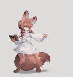  1girl animal_ears animal_nose barefoot berver book brown_hair digitigrade dress drill_hair expressionless fewer_digits fingernails fox_ears fox_girl fox_tail full_body furry furry_female grey_background highres holding holding_book legs_apart long_sleeves medium_hair neckerchief original outstretched_arm puffy_long_sleeves puffy_sleeves sailor_collar sharp_fingernails simple_background solo standing tail twin_drills white_dress white_neckerchief yellow_eyes 