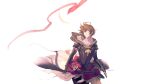  absurdres ahoge armor arms_at_sides breastplate brown_hair cape commentary commentary_request cowboy_shot falling_feathers feathers fingerless_gloves gloves granblue_fantasy hair_between_eyes highres hood hood_down looking_up matsuya_(pile) messy_hair parted_lips red_ribbon ribbon sandalphon_(granblue_fantasy) short_hair signature turtleneck white_background white_cape 