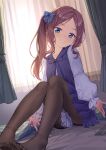  1girl backlighting blue_dress blue_eyes blush breasts brown_hair brown_pantyhose coffeekite curtains dress fate/grand_order fate_(series) forehead grin highres leonardo_da_vinci_(fate) leonardo_da_vinci_(rider)_(fate) long_hair long_sleeves looking_at_viewer one_side_up pantyhose parted_bangs sitting small_breasts smile solo window 