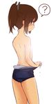  ? blush brown_eyes brown_hair i-401_(kantai_collection) ica kantai_collection looking_at_viewer one-piece_swimsuit ponytail school_swimsuit short_hair short_ponytail sketch solo swimsuit undressing wringing_clothes 