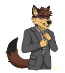 anthro black_tail_tip blazer canid canine clothed clothing dipstick_tail dress_shirt fox fully_clothed fur goldenmylo male mammal markings multicolored_body multicolored_fur necktie shirt smile solo suit tail tail_markings topwear whiskers