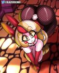 big_breasts big_butt blazedscarf breasts bunny_costume butt charlie_morningstar clothing costume demon female fishnet fishnet_legwear hazbin_hotel hi_res kneeling legwear solo thick_thighs wide_hips