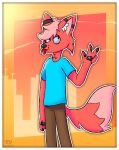 absurd_res anthro border canid canine city city_background claws clothed clothing digital_media_(artwork) fox fur hair hi_res male mammal pawpads rahony simple_background smile solo tail white_border