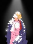  1boy black_background black_coat blonde_hair cigarette coat collared_shirt commentary cowboy_shot donquixote_rocinante facial_mark feather_coat heart heart_print hood looking_up male_focus one_piece pink_shirt raine_(acke2445) shirt short_hair simple_background solo 
