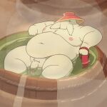 animated balls bath bathtub belly bodily_fluids food genitals ghibli hi_res hot_tub humanoid inkyflush male male/male moobs musk musk_clouds overweight overweight_male penis plant radish radish_spirit solo soup spirited_away sweat sweatdrop vegetable water