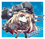  1girl absurdres akaneya bismarck_(kancolle) black_hat blonde_hair blue_background blue_eyes breasts brown_gloves chibi elbow_gloves full_body gloves hair_between_eyes hat highres holding kantai_collection large_breasts long_hair looking_at_viewer military military_hat military_uniform peaked_cap rigging second-party_source smile solo thighhighs turret twitter_username uniform very_long_hair 