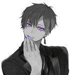  1boy collared_shirt earrings eyeshadow greyscale hand_to_own_mouth hand_up hassan_(sink916) head_tilt highres jacket jewelry lapels lipstick long_sleeves looking_at_viewer makeup male_focus mole mole_under_eye monochrome notched_lapels official_art open_clothes open_jacket parted_lips purple_eyes purple_eyeshadow purple_lips shima_(utaite) shirt short_hair simple_background single_earring smeared_lipstick smile solo spot_color swept_bangs tassel tassel_earrings upper_body urashimasakatasen utaite white_background 
