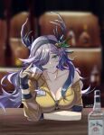  1girl absurdres alcohol animal_ears arknights black_gloves blurry blurry_background breasts cleavage closed_mouth coldshot_(arknights) collarbone cup deer_ears deer_tail fingerless_gloves gloves green_eyes hair_over_one_eye highres holding holding_cup horns indoors large_breasts long_hair long_sleeves looking_at_viewer off_shoulder purple_hair shirt small_breasts solo tail yellow_shirt yoruyuki2000 