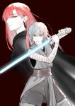  2girls absurdres arm_wrap belt black_cape blue_hair brown_eyes cape closed_mouth commentary earrings energy_sword english_commentary grey_eyes grey_pants grey_robe highres holding_lightsaber jewelry lightsaber long_hair looking_at_viewer maybecrosswise multiple_girls original pants red_background red_hair robe simple_background star_wars sword weapon wrist_wrap 
