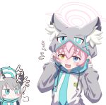  2girls :3 :d animal_ear_fluff animal_ear_hood animal_ears aqua_eyes aqua_halo blue_archive blue_eyes blush bright_pupils character_print chibi chibi_inset commentary_request fang frilled_sleeves frills grey_hair grey_pajamas halo hands_up heterochromia highres hood hood_up hoshino_(blue_archive) jitome long_sleeves looking_at_another looking_at_viewer mismatched_pupils mugisepa multiple_girls open_mouth pajamas pink_hair pink_halo print_pajamas puff_of_air shiroko_(blue_archive) simple_background smile solo_focus sound_effects upper_body v-shaped_eyebrows white_background white_pupils wolf_ears yellow_eyes 
