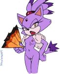 anthro blaze_the_cat breasts colored domestic_cat fangs felid feline felis female frown genitals hand_fan hand_on_hip hi_res looking_at_viewer mammal nude purple_body pussy sega signature small_breasts solo sonic_the_hedgehog_(series) sooperman standing teeth thigh_gap three-quarter_view