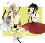  2girls animal_ears ankle_cuffs aono_nachi arm_tattoo bandaged_foot bandaged_leg bandages barefoot black_hair black_nails blue_dress blunt_bangs braid brown_hair buttons cat_ears cat_girl cat_tail chain commentary_request cuffs dress eating food food_on_face freckles full_body glasses heart heterochromia horns key knees_up long_hair long_sleeves mouth_hold multiple_girls nail_polish number_tattoo onigiri open_mouth original pointy_ears red_skirt ribbon shirt short_hair sitting skirt small_horns suspender_skirt suspenders tail tail_raised tattoo text_background toenail_polish toenails twin_braids white_shirt yellow_eyes 
