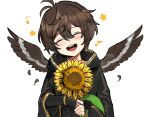  1boy aged_down ahoge brown_hair brown_wings closed_eyes commentary_request falling_feathers feathered_wings feathers fingerless_gloves flower gloves granblue_fantasy grin hair_between_eyes highres hood hood_down light_blush male_focus messy_hair musical_note open_mouth oversized_clothes sandalphon_(granblue_fantasy) short_hair sketch smile solo solo_focus spoken_flower spoken_musical_note sunflower teeth tki upper_body upper_teeth_only white_background wings 
