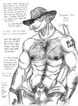  barazoku biceps borni canine chest clothing cum dagger_doo dog flaccid great_dane greyscale hairy hat looking_at_viewer male mammal monochrome muscles nipples open_pants pants pecs penis redneck solo tattoo text topless 