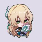  1girl akerohoshi blonde_hair chibi commentary green_eyes grey_background hair_between_eyes honkai:_star_rail honkai_(series) long_hair looking_at_viewer luocha_(honkai:_star_rail) plant simple_background smile solo very_long_hair vines 