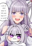  1girl absurdres bare_shoulders blush braid chibi crossover crown_braid doro_(nikke) elf emilia_(re:zero) english_text flower goddess_of_victory:_nikke grey_hair hair_flower hair_ornament hair_ribbon highres long_hair looking_at_viewer mage_staff pointy_ears purple_eyes purple_ribbon rabbitttt re:zero_kara_hajimeru_isekai_seikatsu ribbon rose smile sparkling_eyes white_flower white_hair white_rose x_hair_ornament 