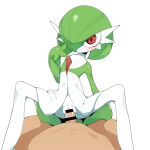  1boy 1girl bar_censor blush bob_cut censored colored_skin cum cum_in_pussy cum_overflow dress forced_smile gardevoir girl_on_top green_hair hair_over_one_eye highres interspecies looking_at_viewer multicolored_skin nude penis pokemon pokemon_(creature) pokephilia pussy red_eyes sex sweatdrop two-tone_skin vaginal white_dress white_skin youjo_modoki 