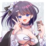 1girl azur_lane blue_eyes blush border breasts cellphone cleavage collar detached_collar detached_sleeves dress frilled_collar frilled_dress frills hair_ornament hairclip hands_up holding holding_phone large_breasts liverpool_(azur_lane) looking_at_viewer maid medium_hair momobesaeka open_mouth outside_border phone purple_hair purple_nails signature smartphone smile solo upper_body v white_border wide_sleeves 