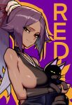  1girl absurdres animal black_cat black_kimono bleach breasts cat closed_mouth dark-skinned_female dark_skin fang high_ponytail highres holding holding_animal holding_cat japanese_clothes kimono large_breasts long_hair looking_at_viewer looking_to_the_side purple_background redpostit shihouin_yoruichi sideboob simple_background skin_fang sleeveless sleeveless_kimono solo yellow_eyes 