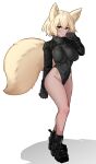  absurdres animal_ears black_gloves black_jacket black_leotard blonde_hair blush cropped_jacket fox_ears fox_tail gloves hair_between_eyes highleg highleg_leotard highres jacket k0ng leotard looking_at_viewer orange_hair original ribbed_leotard shiny_skin short_hair sleeveless_turtleneck_leotard smile tail tan 