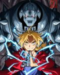  2boys alphonse_elric armor bad_source blonde_hair blue_shirt braid braided_ponytail brothers coat cowboy_shot eastblue_95 edward_elric electricity english_commentary floating_hair full_armor fullmetal_alchemist highres hood hooded_coat looking_at_viewer male_focus mechanical_arms multiple_boys parted_bangs red_coat red_eyes shirt siblings signature single_mechanical_arm smile twitter_username yellow_eyes 