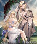 2girls absurdres ass bare_shoulders black_gloves black_thighhighs blonde_hair blush breasts cleavage closed_mouth copyright_name evertale gloves grass hair_ornament hand_in_own_hair hand_on_own_hip highres large_breasts long_hair looking_at_viewer looking_back multiple_girls navel outdoors red_eyes sage_joh see-through sitting smile standing thighhighs thighs veil very_long_hair 