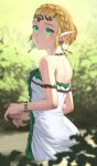  1girl blonde_hair bracelet breasts day dress earrings green_eyes highres jewelry jimaku_726 looking_at_viewer looking_back nature outdoors parted_lips pointy_ears princess_zelda small_breasts solo the_legend_of_zelda the_legend_of_zelda:_tears_of_the_kingdom wading water white_dress 
