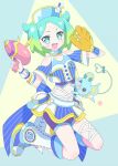  &gt;_o 1girl :d baseball_mitt baseball_uniform bike_shorts blue_shirt blue_skirt chuppe cropped_shirt fang full_body green_eyes green_hair gun hands_up holding holding_gun holding_weapon idol_clothes idol_time_pripara ku_(residual666) leg_warmers looking_at_viewer mouse multicolored_hair navel nijiiro_nino one_eye_closed open_mouth pretty_series pripara shirt shoes short_hair skirt smile sneakers solo sportswear swept_bangs weapon 