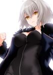  1girl ahoge black_coat black_dress breasts cleavage closed_mouth coat commentary_request dress engo_(aquawatery) fate/grand_order fate_(series) fur-trimmed_coat fur-trimmed_sleeves fur_trim grey_hair hair_between_eyes highres jeanne_d&#039;arc_alter_(fate) jeanne_d&#039;arc_alter_(ver._shinjuku_1999)_(fate) long_sleeves looking_at_viewer medium_breasts official_alternate_costume open_clothes open_coat short_hair simple_background solo white_background yellow_eyes 