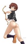  1girl absurdres akaboshi_koume ass black_shirt blue_eyes blush breasts brown_hair fundoshi girls_und_panzer highres hiyama_yuu_(wee259hiyama) holding holding_rope japanese_clothes looking_back rope shirt short_hair simple_background small_breasts solo white_background 