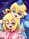  1boy 1girl 2023 blonde_hair blue_eyes blue_kimono blush brother_and_sister commentary_request dated hair_between_eyes hoshino_aquamarine hoshino_ruby japanese_clothes kimono long_hair long_sleeves looking_at_viewer mismatched_pupils night night_sky no_pupils oan_(o_annn) one_eye_closed open_mouth oshi_no_ko pink_kimono short_hair siblings sidelocks sky star-shaped_pupils star_(symbol) symbol-shaped_pupils tanabata teeth translated twins upper_body upper_teeth_only v v_over_eye 