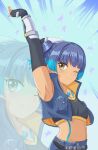  1girl absurdres arm_up armpits belt black_gloves blue_background blue_hair blue_jacket body_markings breast_pocket breasts brown_eyes closed_mouth commentary_request cropped_jacket elbow_gloves eyelashes fiery_hair fingerless_gloves gloves highres jacket multicolored_hair navel one_eye_closed pocket sena_(xenoblade) small_breasts smile star_(symbol) tokuh_(toku_h_) two-tone_hair xenoblade_chronicles_(series) xenoblade_chronicles_3 zoom_layer 