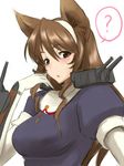  ? animal_ears ashigara_(kantai_collection) blush breasts brown_eyes brown_hair elbow_gloves gloves gochou_(kedama) hairband kantai_collection large_breasts long_hair looking_at_viewer open_mouth simple_background solo white_background 