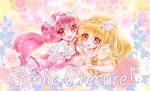  blonde_hair bow bowtie cure_happy cure_peace evelyn_(shinshu_k) flower hair_flaps hair_ornament hairpin head_wings hoshizora_miyuki index_finger_raised kise_yayoi long_hair magical_girl multiple_girls pink_eyes pink_flower pink_hair pink_rose precure puffy_sleeves rose smile smile_precure! tiara twintails yellow_eyes 