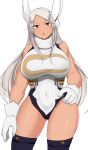  1girl :o animal_ears ass_visible_through_thighs bare_shoulders boku_no_hero_academia breasts covered_navel crescent_print dark-skinned_female dark_skin fur_collar gloves hair_over_shoulder hand_on_own_hip highleg highleg_leotard highres large_breasts leotard long_eyelashes long_hair looking_at_viewer mirko parted_bangs pitapita_pi purple_thighhighs rabbit_ears rabbit_girl red_eyes sleeveless_turtleneck_leotard solo taut_leotard thighhighs thighs toned very_long_hair white_background white_gloves white_hair white_leotard 