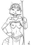abs anthro areola armor bedroom_eyes bottomwear bra bra_lift breasts canid canine casual_exposure casual_nudity choker clothed clothing clothing_lift exposed_breasts female fox hand_on_hip holding_object jewelry krystal_(star_fox) loincloth looking_at_viewer mammal monochrome narrowed_eyes necklace nintendo nipples raised_clothing raised_topwear seductive skimpy smile staff star_fox tattoo topwear underwear zeusinvert