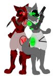 alpha_channel anthro barefoot biped c.a.m. camo camo_fur camo_print canid canine canis cybernetic_arm cybernetic_hand cybernetic_limb cybernetics digital_drawing_(artwork) digital_media_(artwork) digitigrade duo duo_focus feet fingers fluffy fluffy_ears fluffy_tail fur glowing glowing_body glowing_eyes green_body green_eyes grey_body grey_fur group gun hair handgun holding_object holding_ranged_weapon holding_weapon jackal knife kytcrafts machine male male/male mammal metal metallic_body military mr._v neck_tuft prosthetic prosthetic_arm prosthetic_hand prosthetic_limb protogen protogen_armor protogen_face protogen_visor protogenized ranged_weapon red_body red_eyes red_fur red_hair revolver robotic robotic_arm robotic_hand robotic_limb screen screen_face smile special_forces standing tail toes tuft weapon yuri_chacal