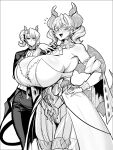  2girls absurdres arias_the_labrynth_butler breasts butler cleavage demon_girl demon_horns demon_tail demon_wings dress duel_monster exabyte_(parallax05) fang gloves highres horns huge_breasts laughing lovely_labrynth_of_the_silver_castle monochrome monocle multiple_girls pointy_ears simple_background suit tail white_background wings yu-gi-oh! 