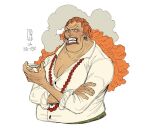  1girl bead_necklace beads breasts cleavage cropped_torso cup curly_dadan frown holding holding_cup jewelry large_breasts long_hair looking_at_viewer necklace old old_woman one_piece orange_hair sakazuki sideways_glance smoke smoking solo tench thick_neck wrinkled_skin 