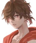  1boy ahoge alternate_hairstyle brown_hair commentary_request expressionless granblue_fantasy hair_between_eyes hood hood_down jacket looking_at_viewer male_focus messy_hair parted_lips portrait red_eyes sandalphon_(granblue_fantasy) short_hair short_ponytail solo tki white_background 
