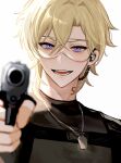  1boy :d aiming aiming_at_viewer artist_name aventurine_(honkai:_star_rail) black_shirt blonde_hair blue_eyes blurry blurry_foreground c_for_cola commentary crossed_bangs dog_tags earpiece gun hair_between_eyes handgun highres holding holding_gun holding_weapon honkai:_star_rail honkai_(series) jewelry looking_at_viewer male_focus multicolored_eyes neck_tattoo necklace official_alternate_costume open_mouth parted_bangs purple_eyes safety_glasses shirt short_hair signature simple_background smile solo symbol-only_commentary tattoo teeth tongue tongue_out upper_body weapon white_background 