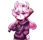  1boy baseball_bat bite_mark_on_ear commentary_request extraction furry fzst goat_horns highres holding holding_baseball_bat horns jackalope looking_at_viewer non-web_source original otoko_no_ko pink_fur pink_hair purple_sweater rabbit red_eyes source_request sweater third-party_edit tsundere 