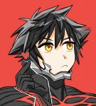  1boy averting_eyes black_bodysuit black_hair bodysuit closed_mouth finger_heart heart kingdom_hearts kingdom_hearts_birth_by_sleep outline red_background short_hair simple_background solo spiked_hair sunx7443 vanitas_(kingdom_hearts) white_outline yellow_eyes 