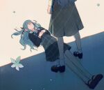  2girls absurdres bang_dream! bang_dream!_it&#039;s_mygo!!!!! black_footwear black_ribbon black_shirt black_skirt blue_flower blue_hair clone commentary flower grey_neckerchief hair_ribbon highres interlocked_fingers long_hair maybecrosswise multiple_girls neckerchief no_mouth on_bed own_hands_together plaid plaid_skirt ribbon shirt skirt socks standing togawa_sakiko white_flower white_socks 